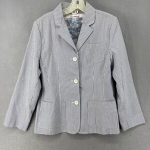Uniform Blazer Sz 12P Petite Blue White Striped 3 Button Jacket 3/4 Sleeve‎